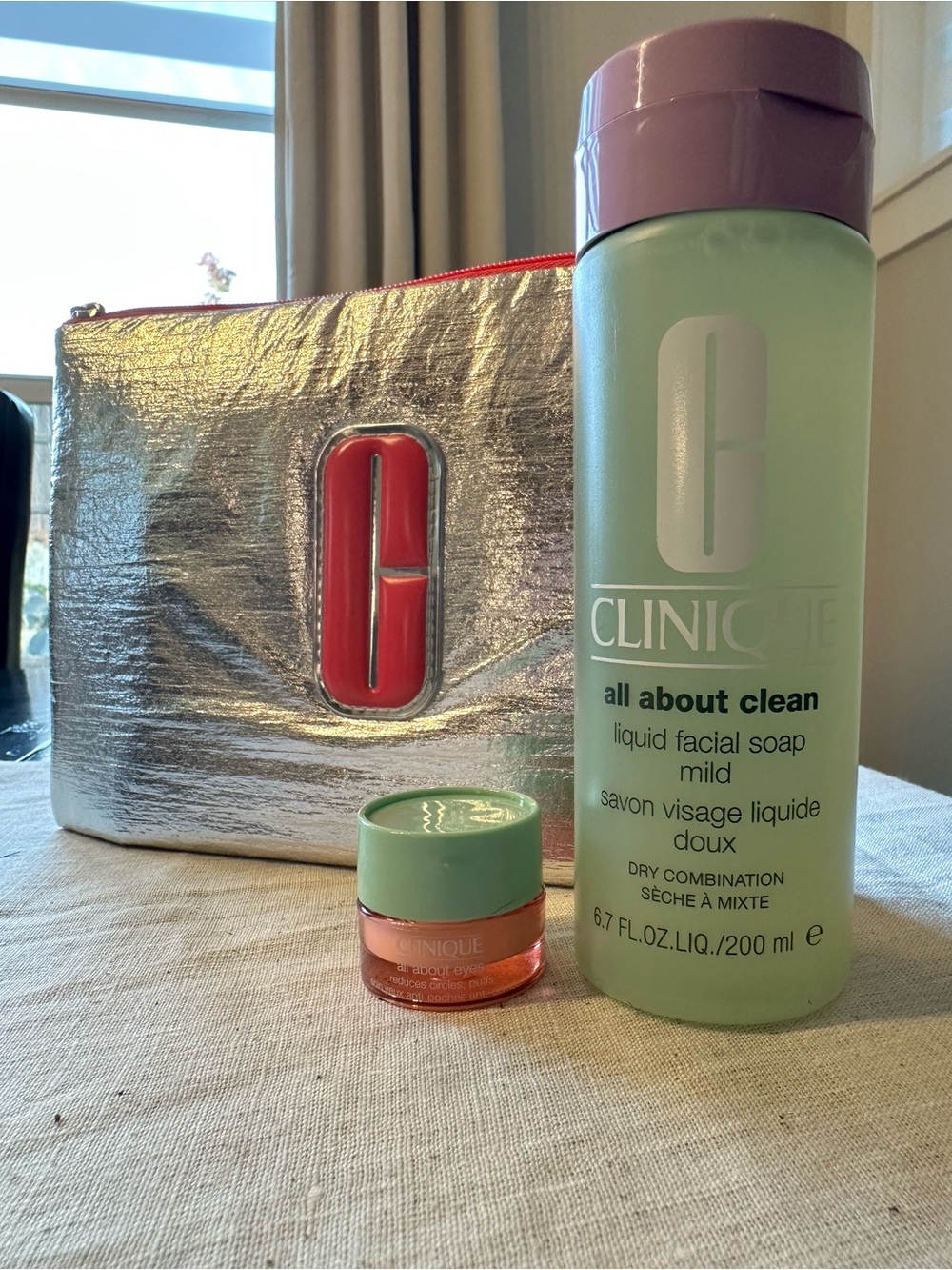 NEW Clinique All About Clean 6.7oz + All About Eyes Mini + Pouch